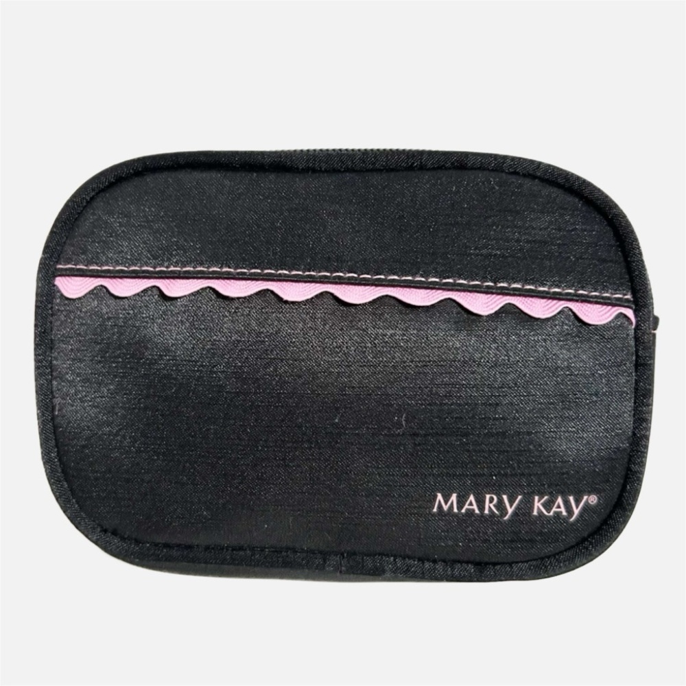 Mary Kay Black Satin Cosmetic Bag Pink Rick Rack Trim Zip Closure Fully Lined🩷🖤